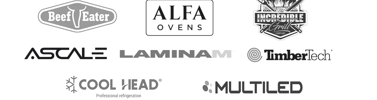 Logos of Beefeater, Alfa Ovens, The Incredible Grill Company, Ascale, Laminam, TimberTech, Cool Head and Multiled