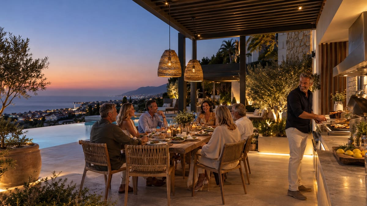 Friends at a candlelit table beside a lit outdoor kitchen under a pergola, with an infinity pool and the coast at dusk
