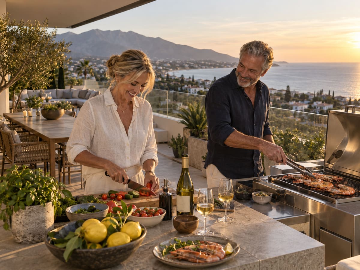 Couple cooking prawns on a stainless steel grill in a penthouse terrace kitchen with the sea and mountains at sunset