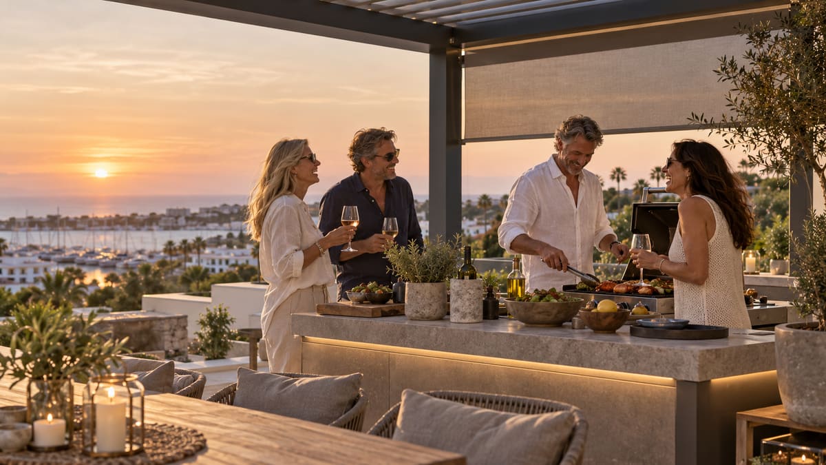 Friends on a terrace at sunset beside an outdoor kitchen, with the sea and the coast of Sotogrande behind